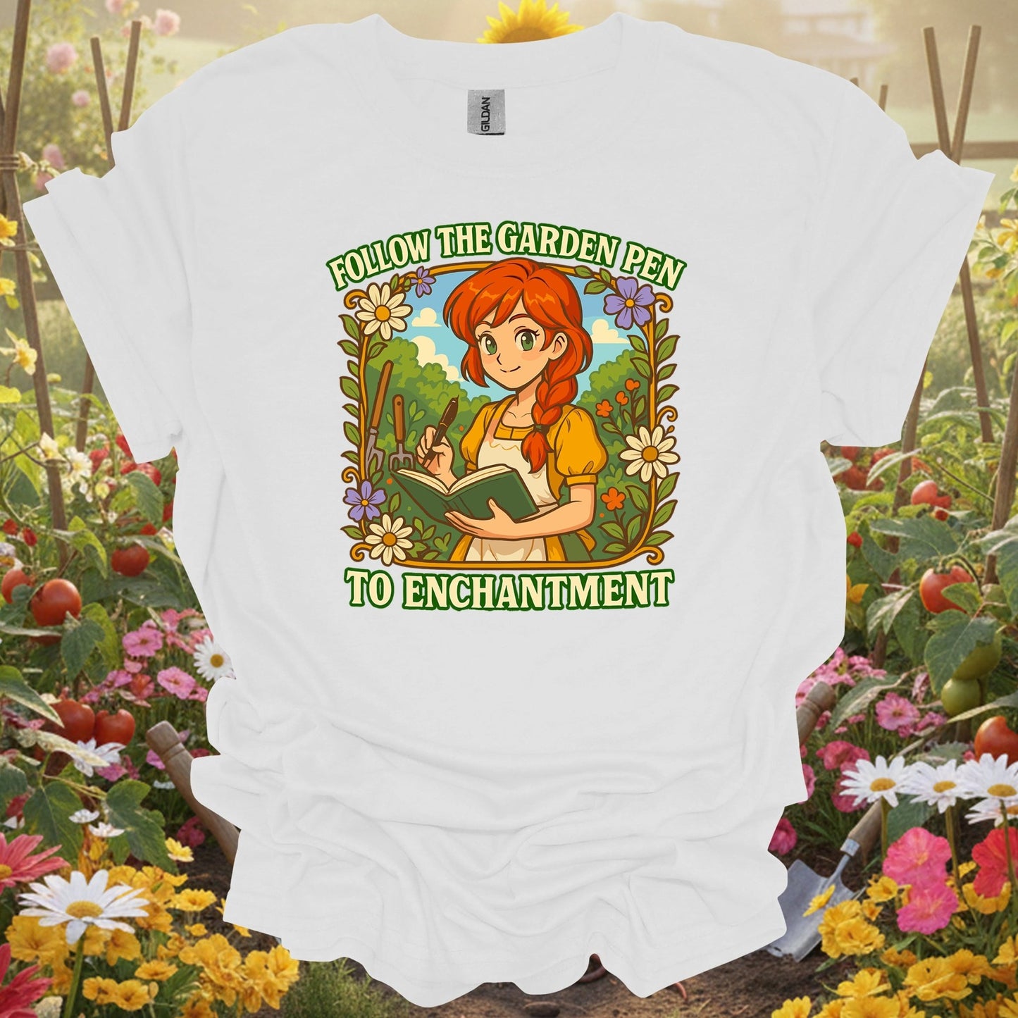 White shirt showing follow the garden pen to enchantment anime for outdoor enthusiasts