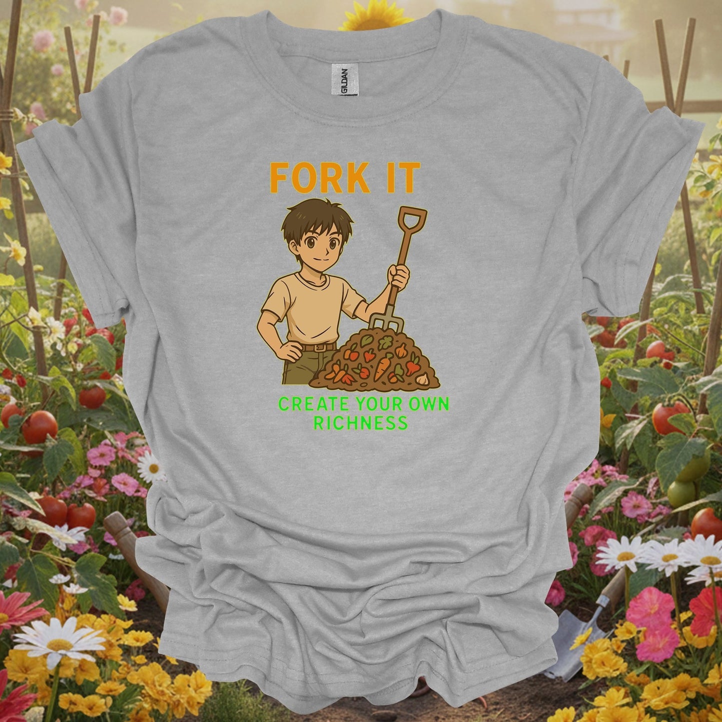 Sport Grey tshirt showing fork it create your own richness composting for backyard growers