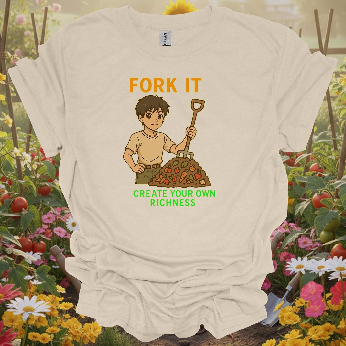 Natural tshirt showing fork it create your own richness composting for people who love plants
