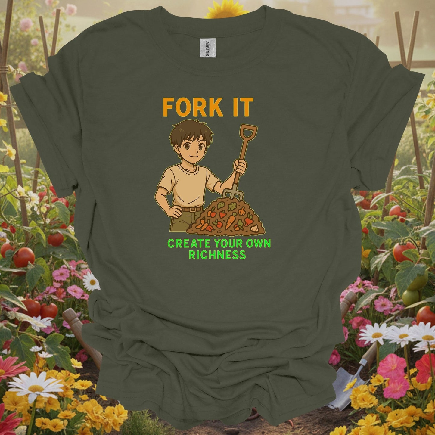 Military Green top showing fork it create your own richness composting for nature lovers