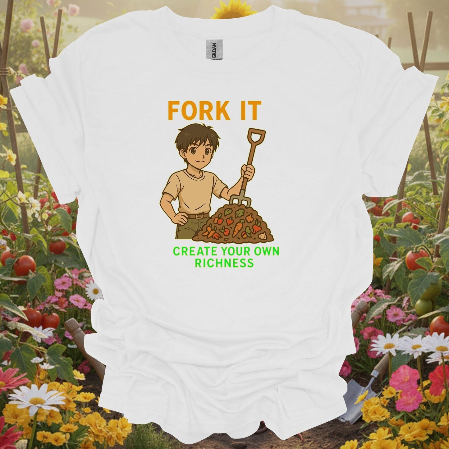 White tee showing fork it create your own richness composting for garden hobbyists
