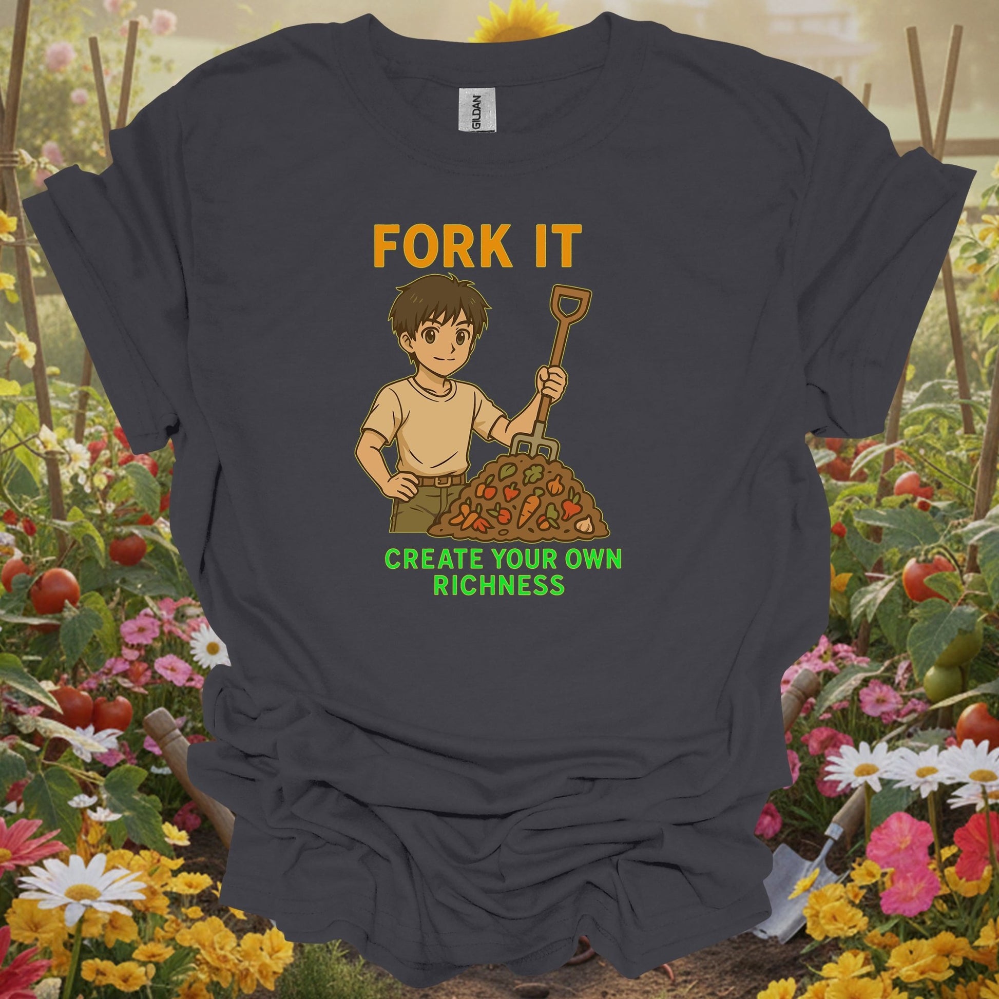 Charcoal tee showing fork it create your own richness composting for plant lovers