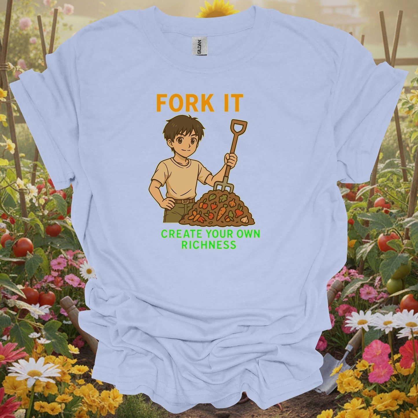 Light Blue shirt showing fork it create your own richness composting for home gardeners