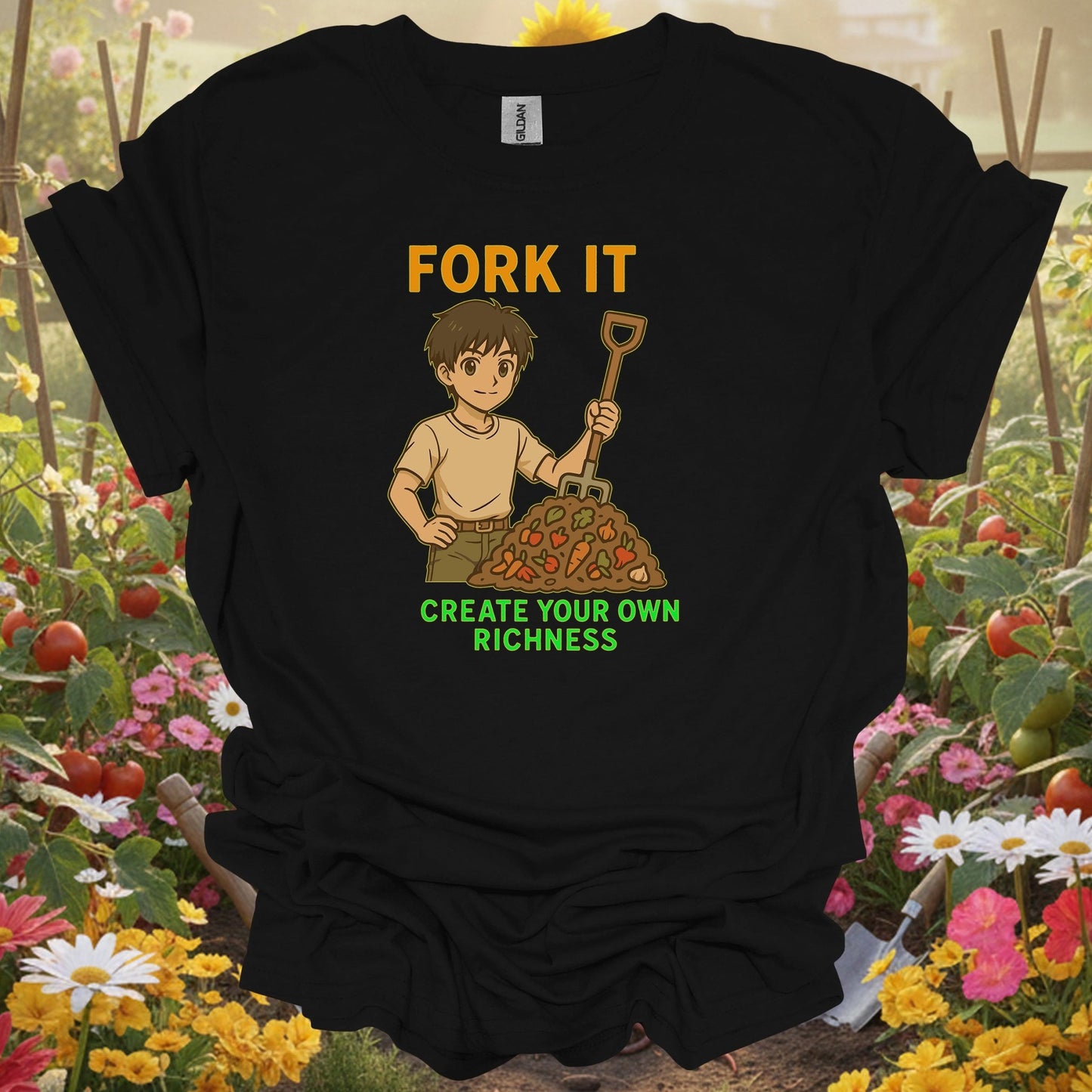 Black shirt showing fork it create your own richness composting for outdoor enthusiasts