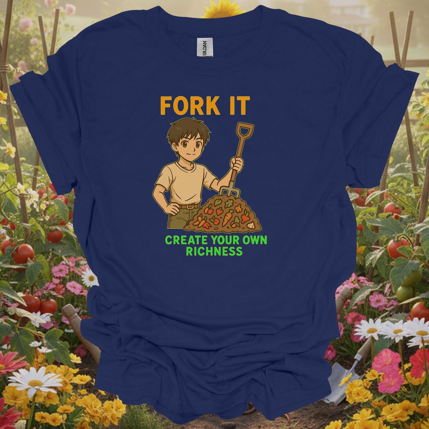 Navy tshirt showing fork it create your own richness composting for gardening enthusiasts