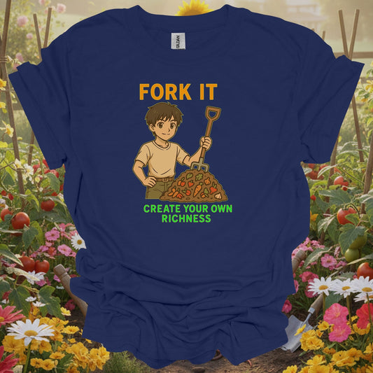 Navy tshirt showing fork it create your own richness composting for gardening enthusiasts