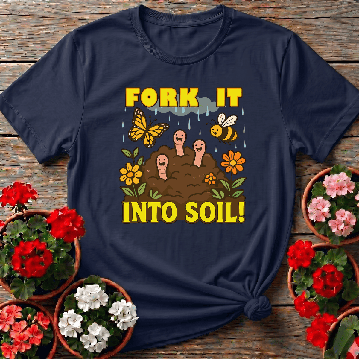 Navy cheerful kawaii gardening tee with "Fork It Into Soil" for the compost-minded gardener