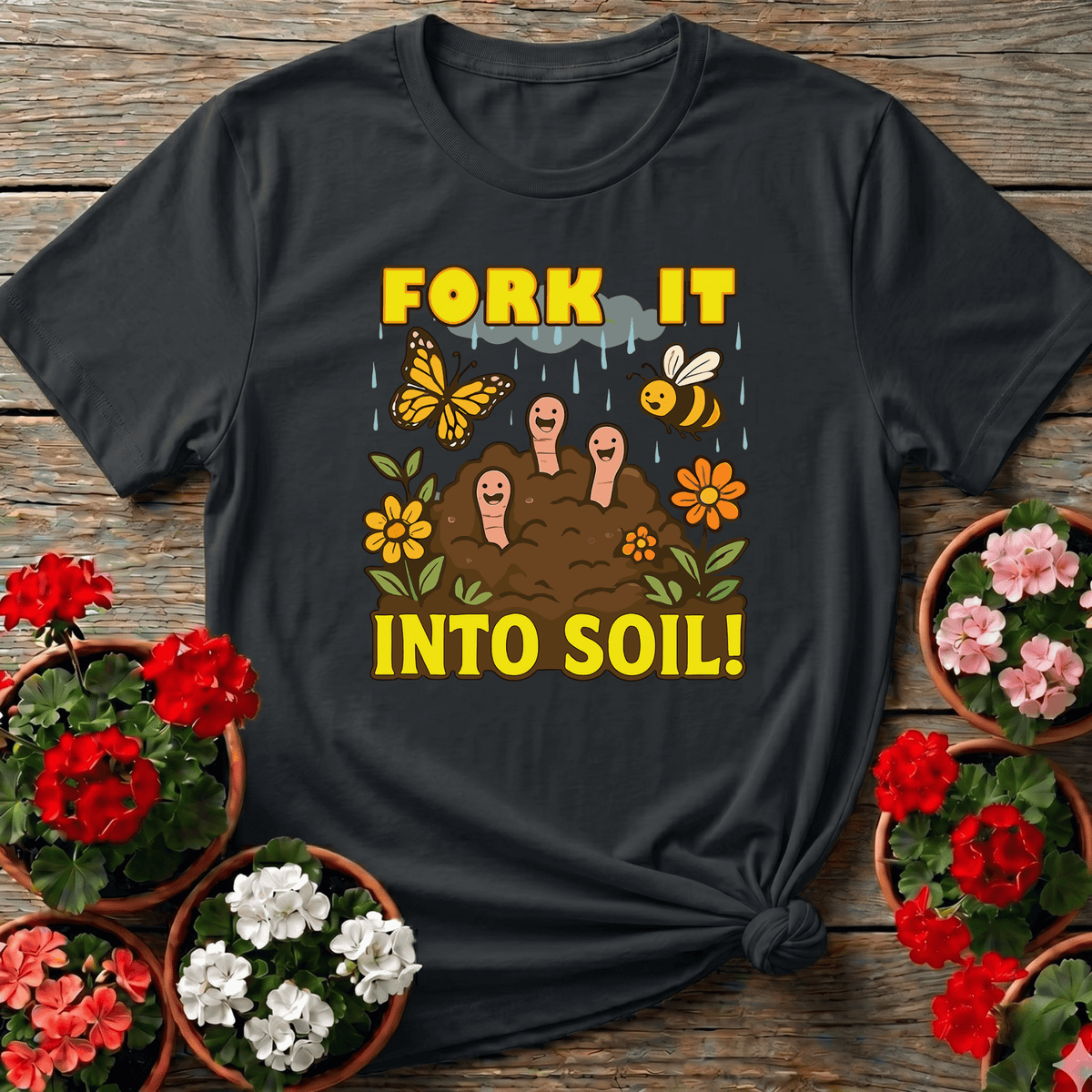 Black kawaii retro gardening tee with "Fork It Into Soil" for worm-loving dirt enthusiasts
