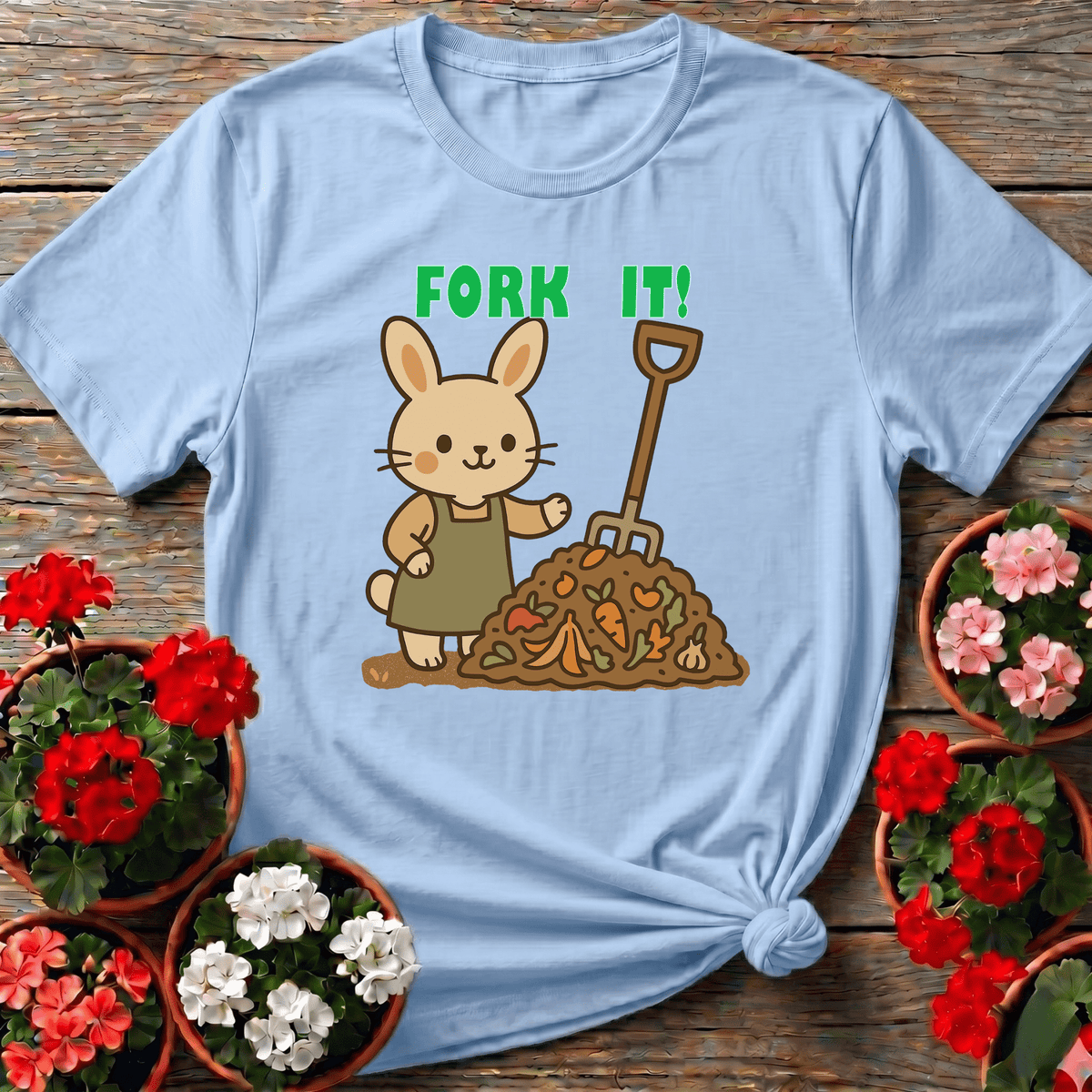 Light Blue soft illustrated gardening shirt with kawaii bunny and compost pile for backyard growers