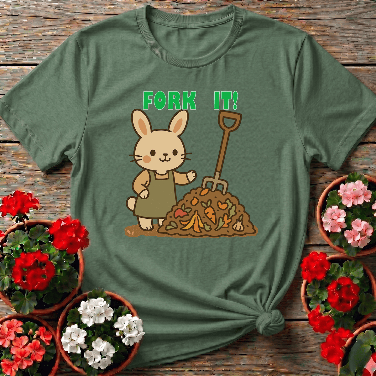 Military Green earthy cottagecore rabbit gardening tee with "Fork It" compost design for composters