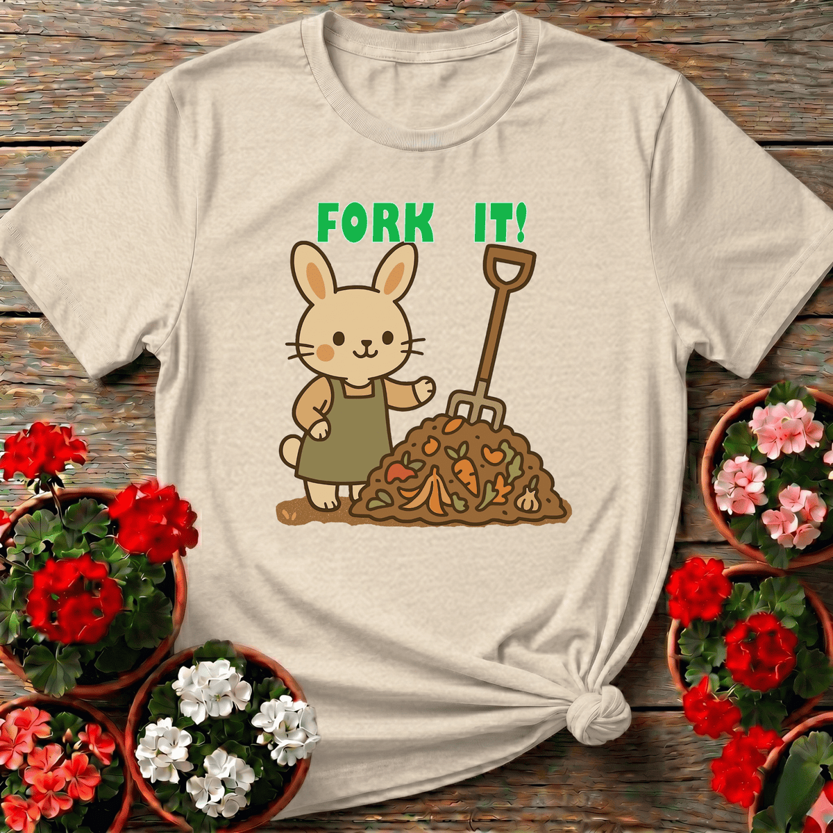 Natural vintage kawaii bunny compost shirt with "Fork It" illustration for slow gardening fans