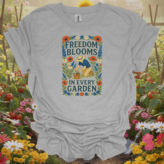 Sport Grey tshirt showing vintage America 250 floral design with freedom blooms text for gardeners who love history