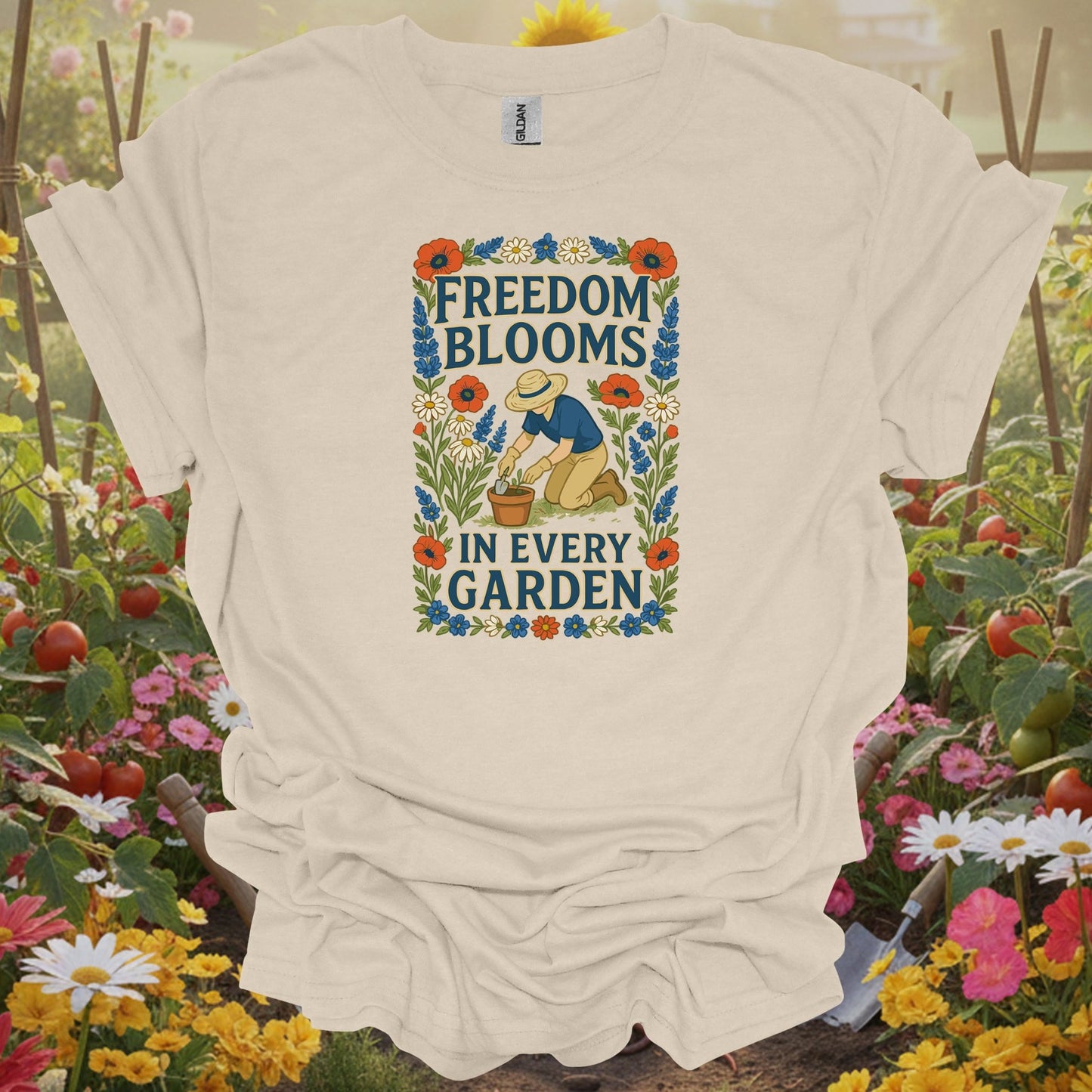 Natural tshirt showing vintage America 250 floral design with freedom blooms text for gardeners who love history