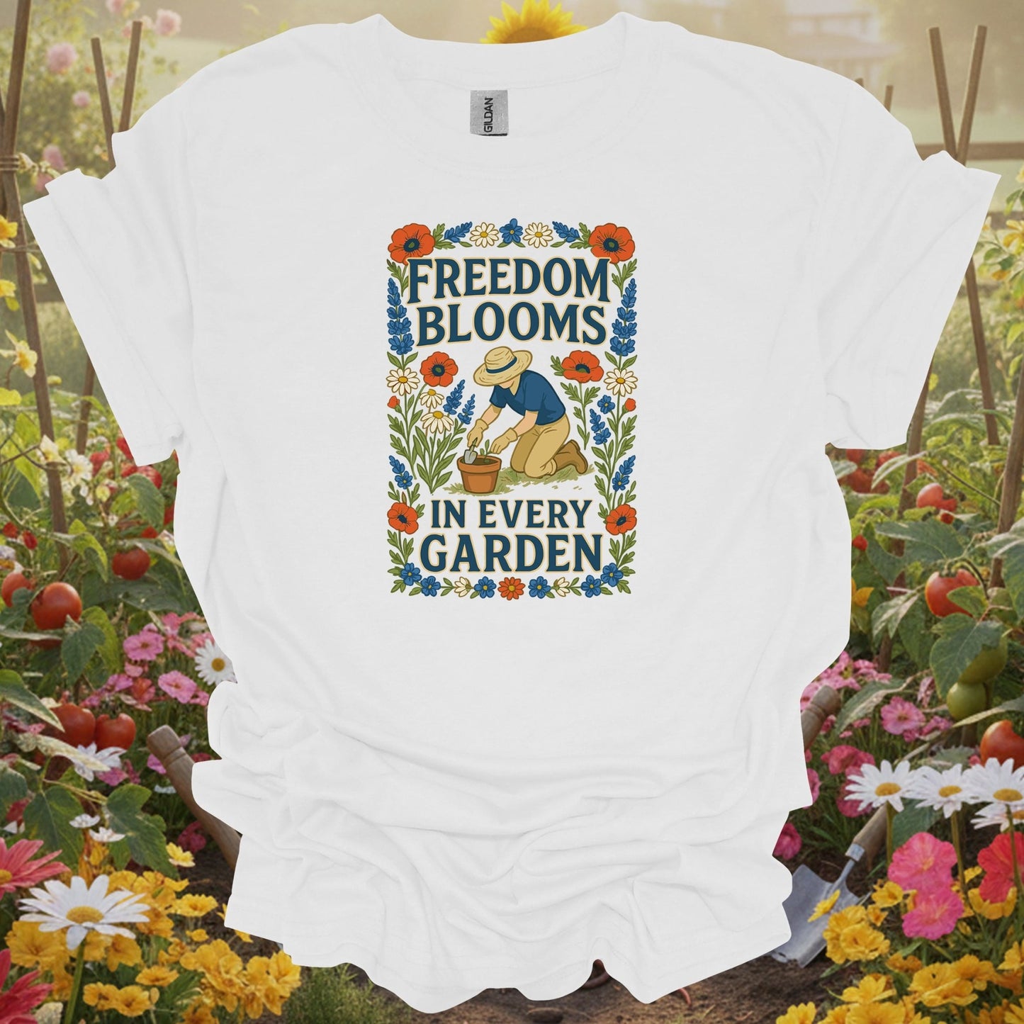 White tee showing vintage America 250 floral design with freedom blooms text for gardeners who love history