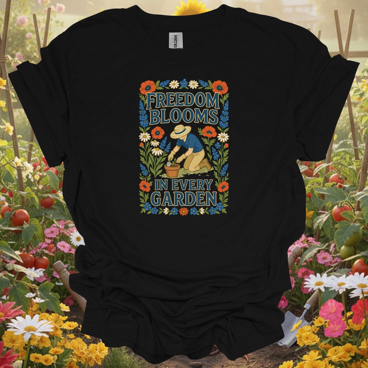 Black shirt showing vintage America 250 floral design with freedom blooms text for gardeners who love history