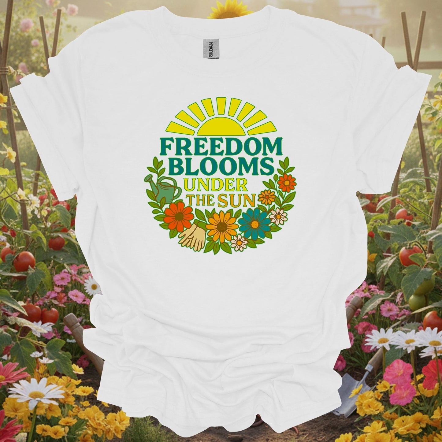 White tee showing freedom blooms under the sun retro for garden hobbyists