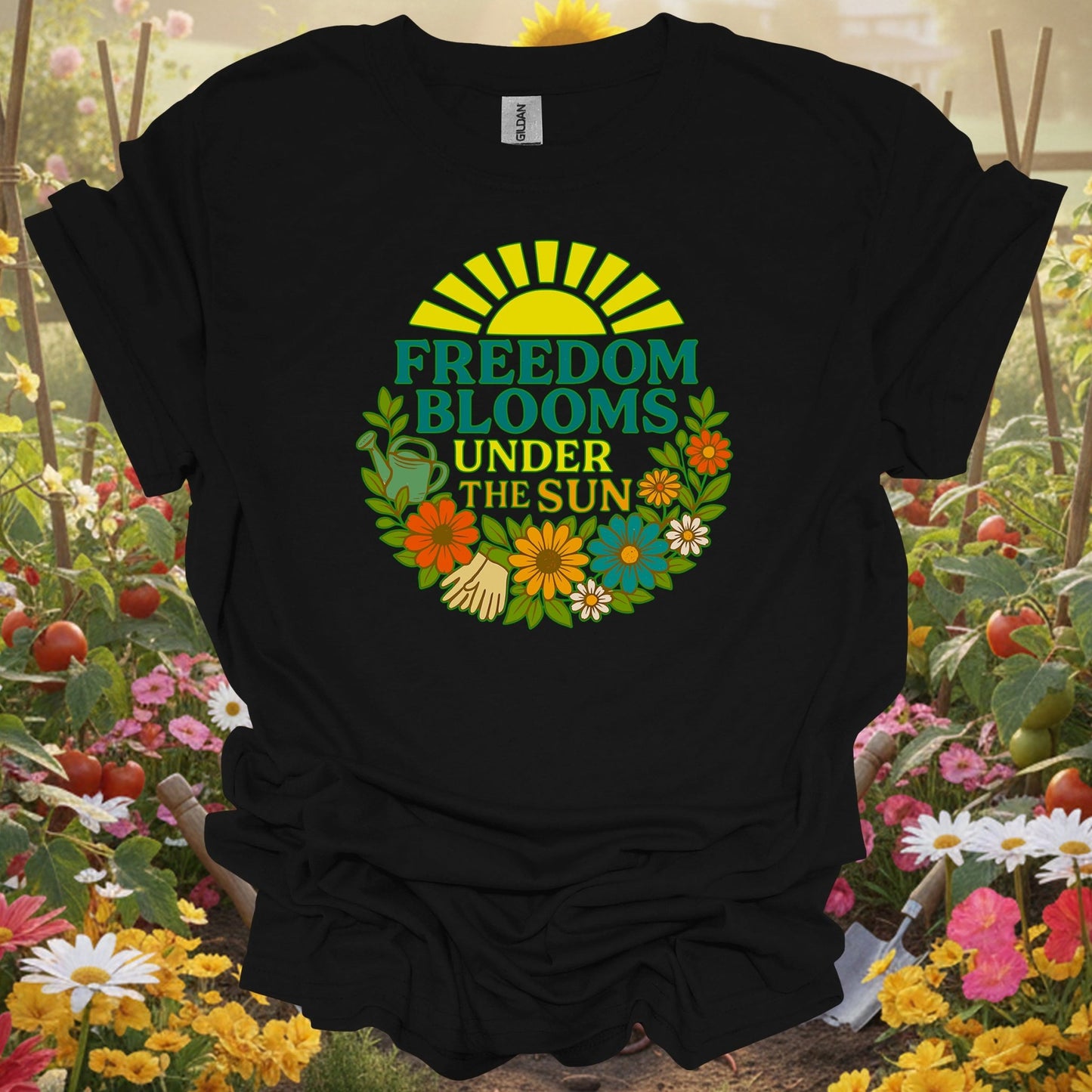 Black shirt showing freedom blooms under the sun retro for outdoor enthusiasts