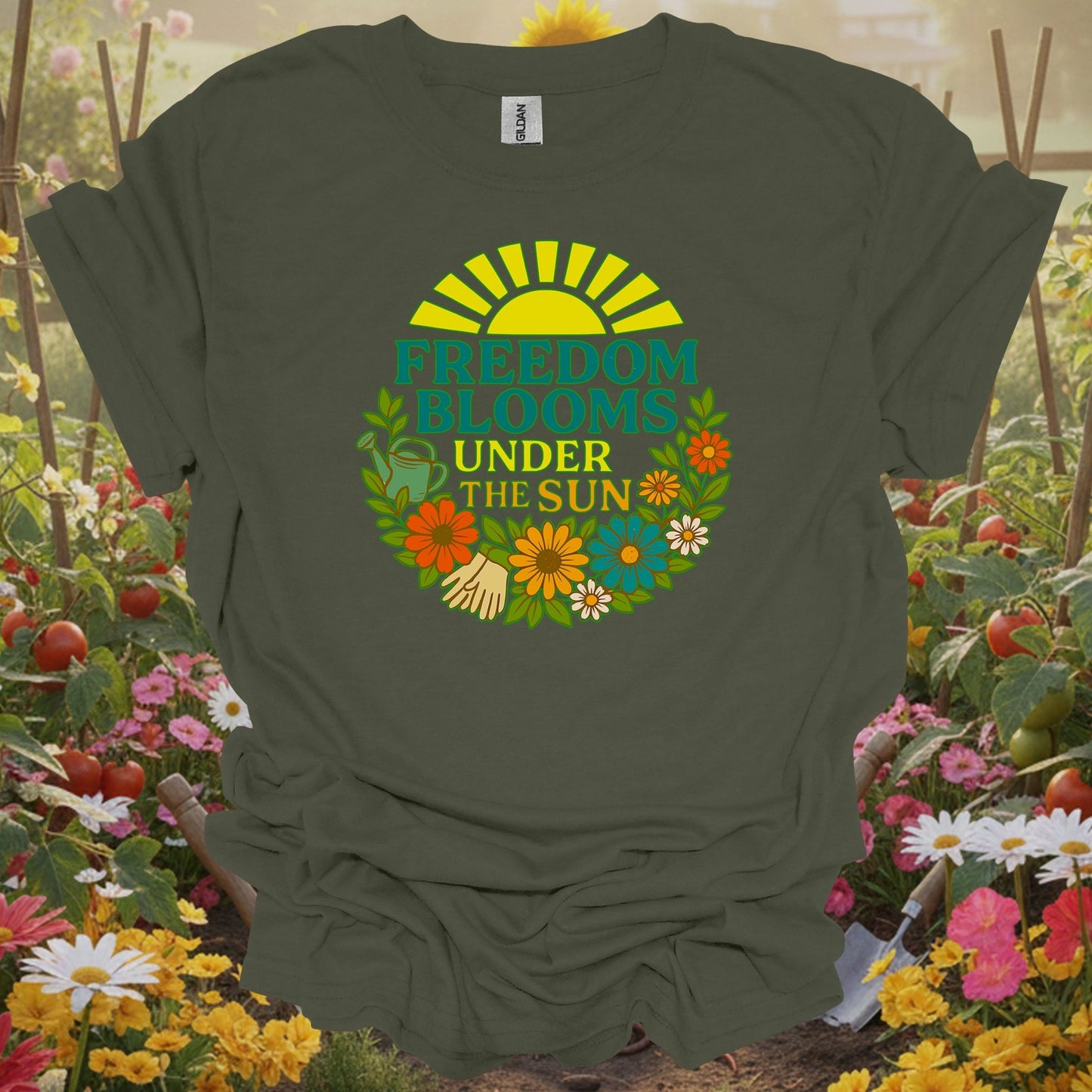 Military Green top showing freedom blooms under the sun retro for nature lovers