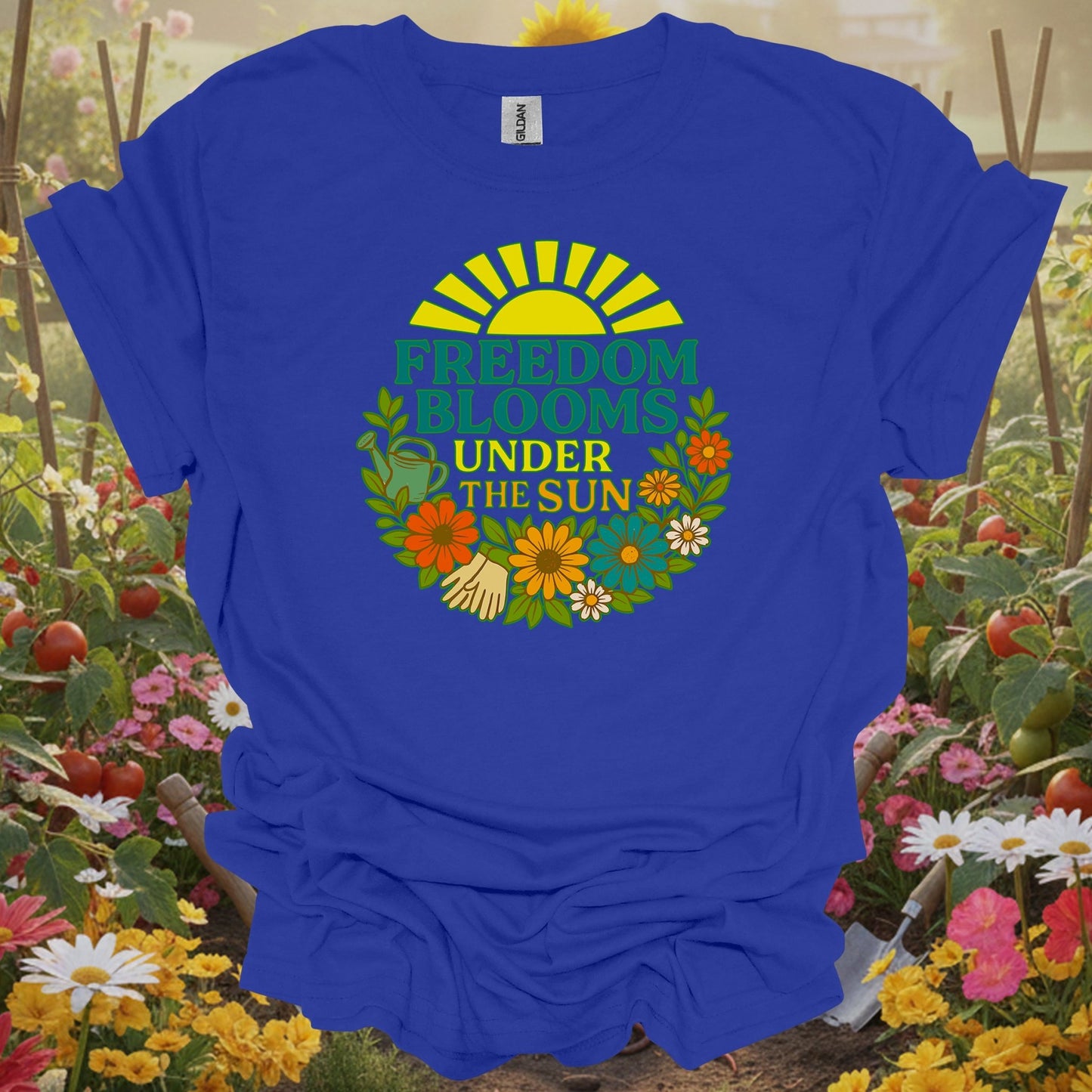 Royal tshirt showing freedom blooms under the sun retro for backyard growers