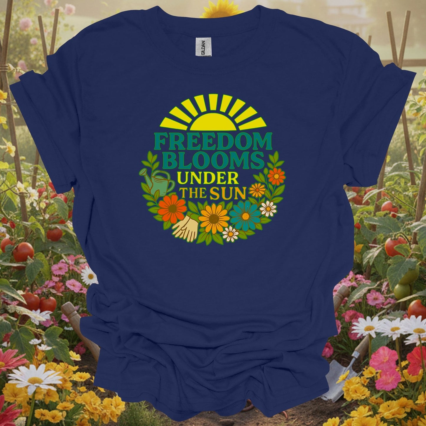 Navy top showing freedom blooms under the sun retro for green thumb folks