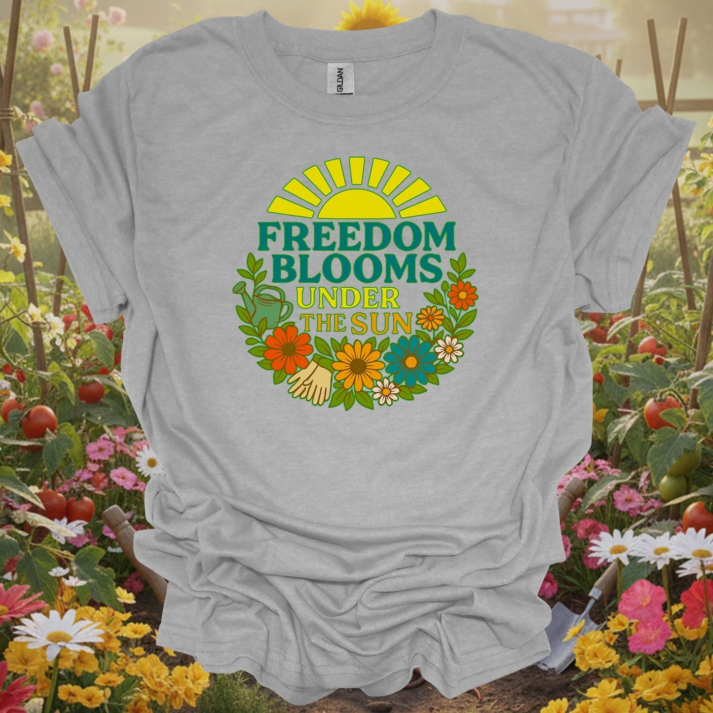 Sport Grey tshirt showing freedom blooms under the sun retro for gardening enthusiasts