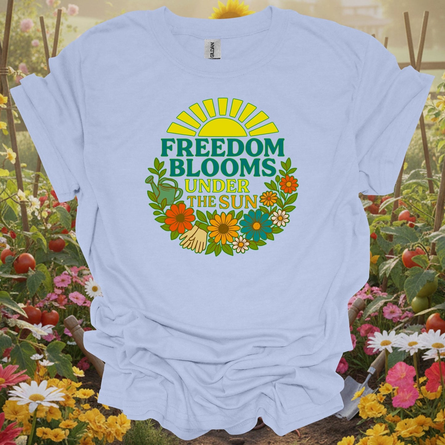 Light Blue shirt showing freedom blooms under the sun retro for home gardeners