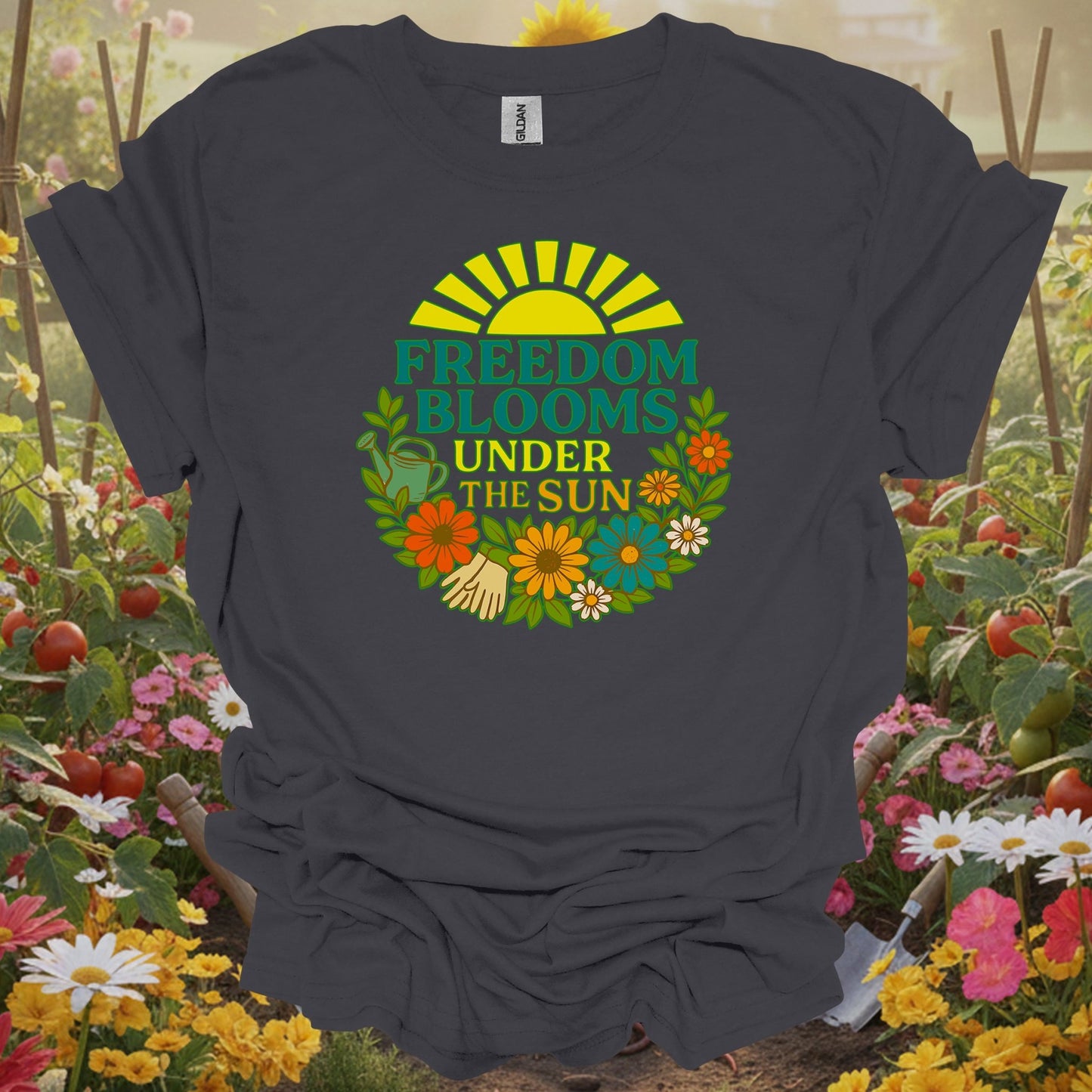 Charcoal tee showing freedom blooms under the sun retro for plant lovers