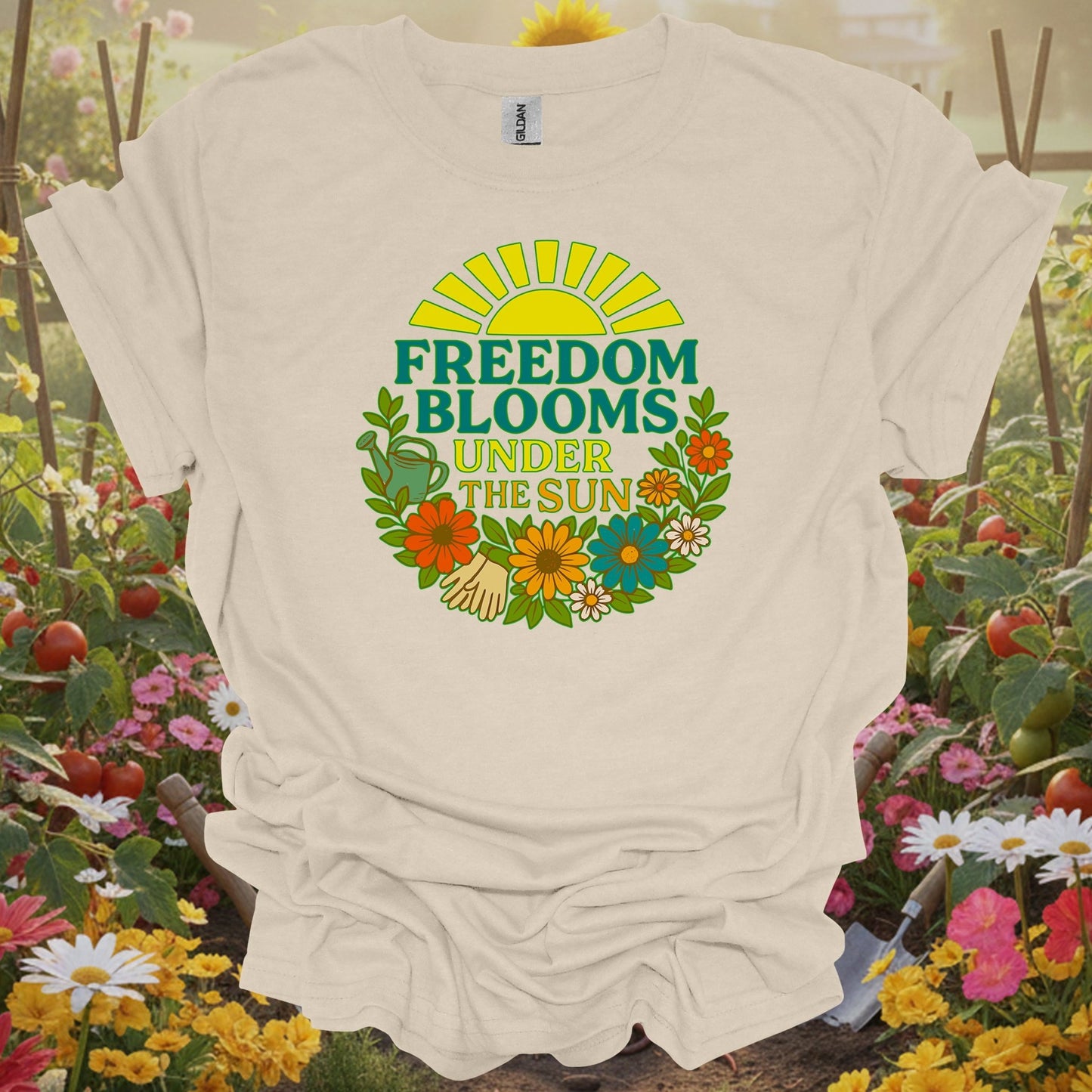 Natural tshirt showing freedom blooms under the sun retro for people who love plants