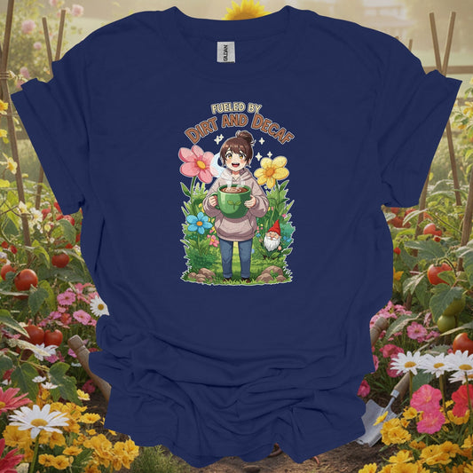 Navy tshirt showing anime fueled by dirt and decaf cute for kawaii fans