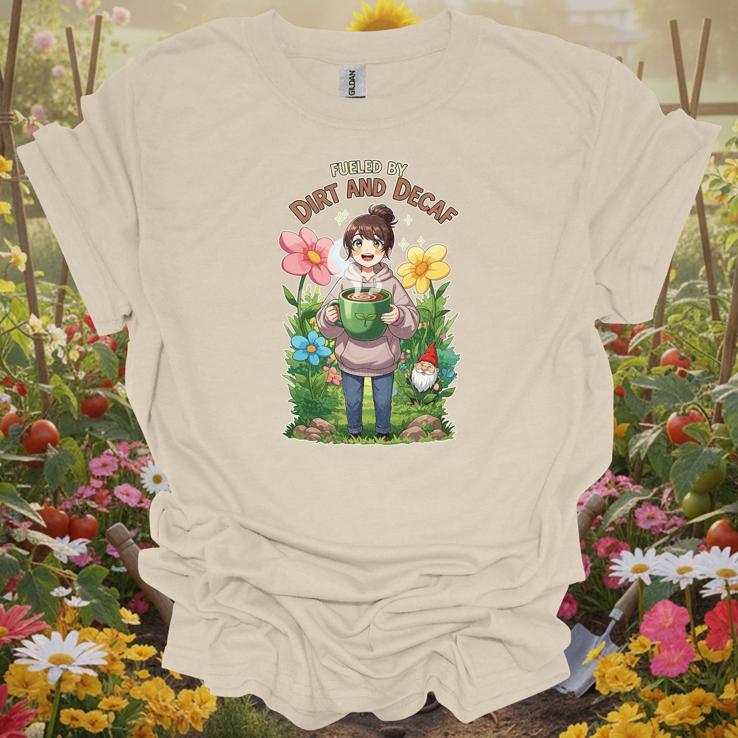 Natural tshirt showing anime fueled by dirt and decaf cute for cute style gardeners