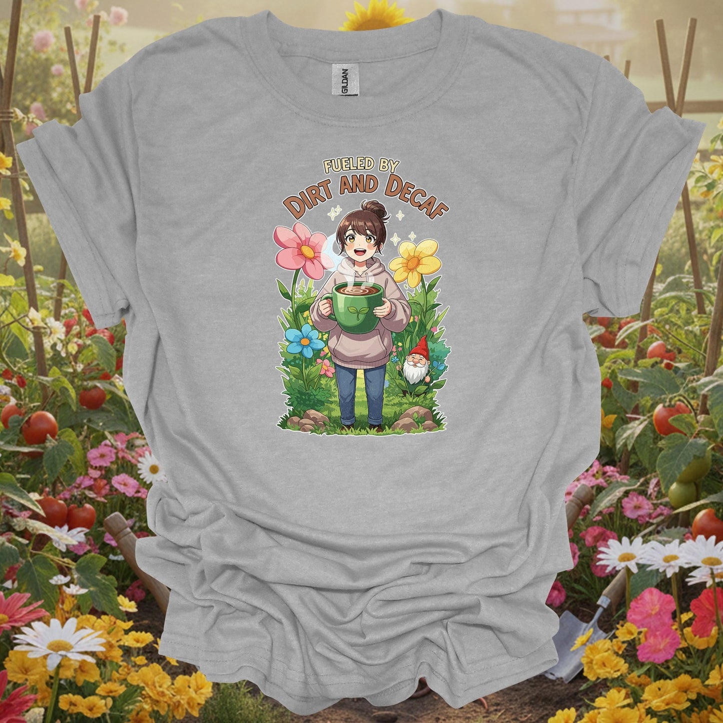 Sport Grey tshirt showing anime fueled by dirt and decaf cute for people who love cuteness