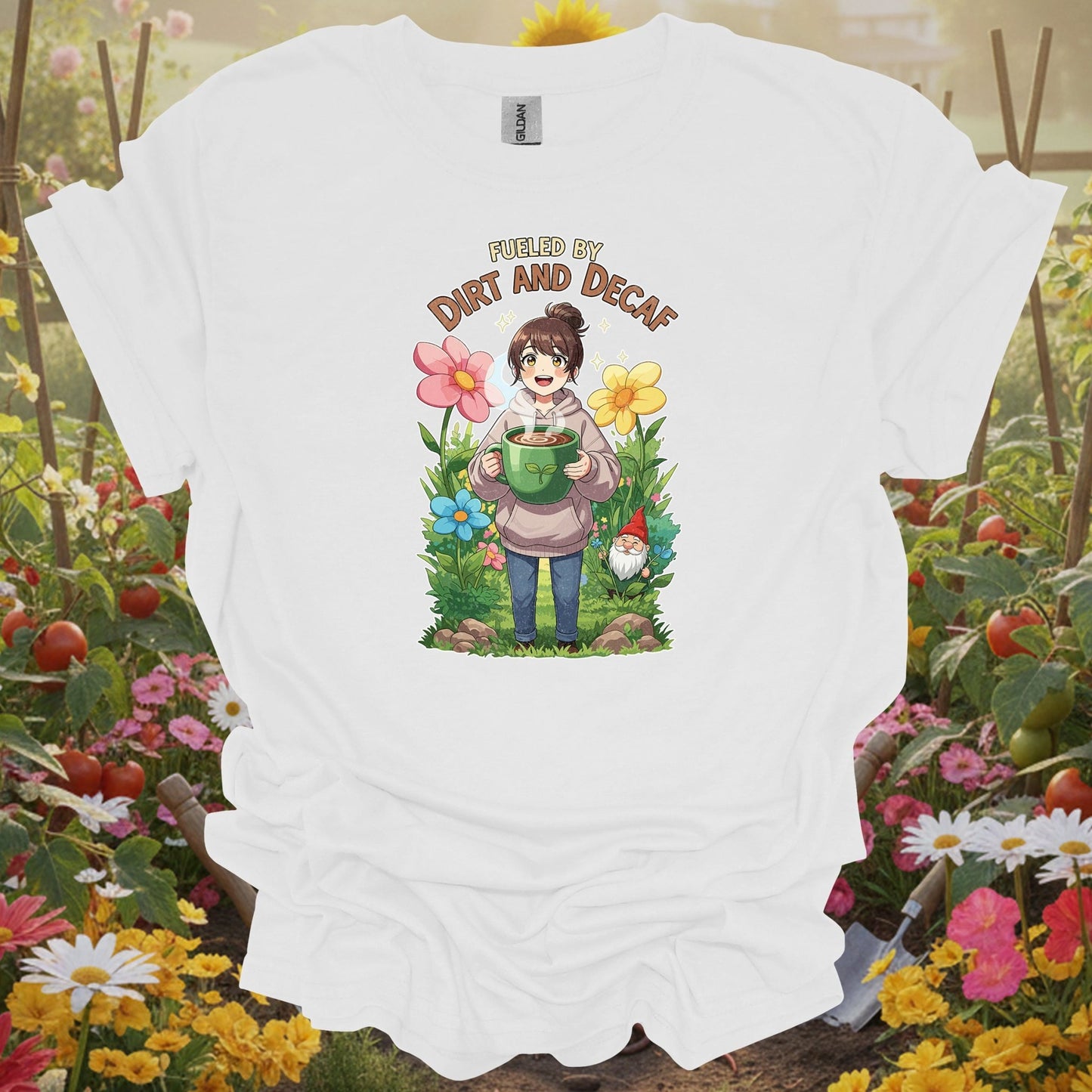 White tee showing anime fueled by dirt and decaf cute for wholesome plant parents