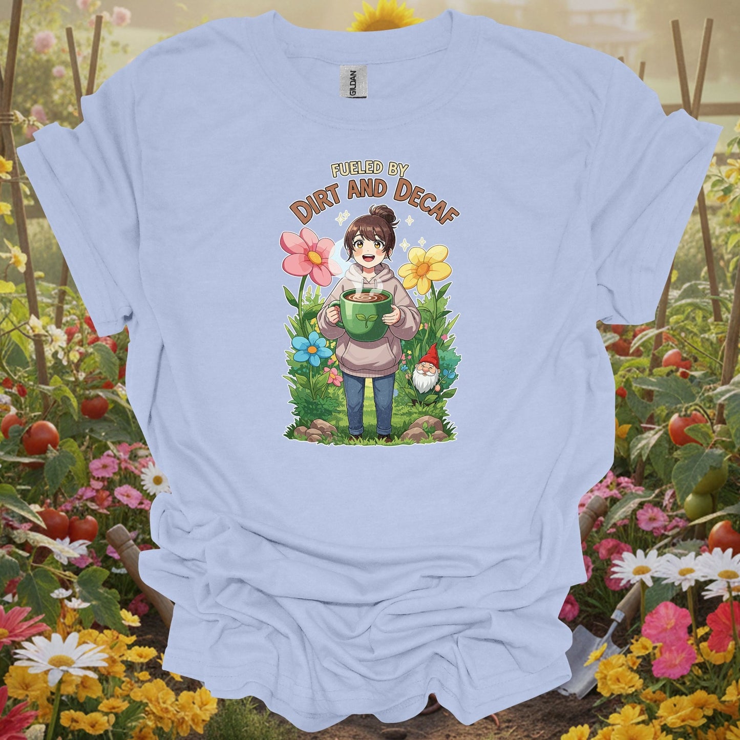 Light Blue shirt showing anime fueled by dirt and decaf cute for adorable aesthetic enthusiasts
