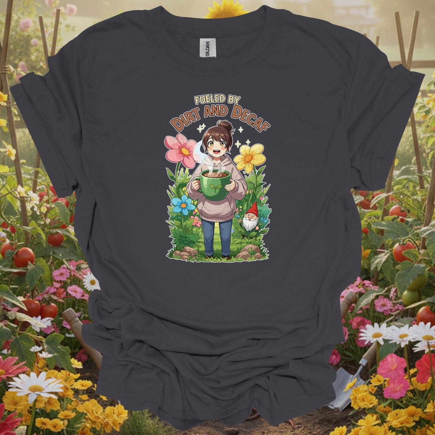 Charcoal tee showing anime fueled by dirt and decaf cute for cute design lovers