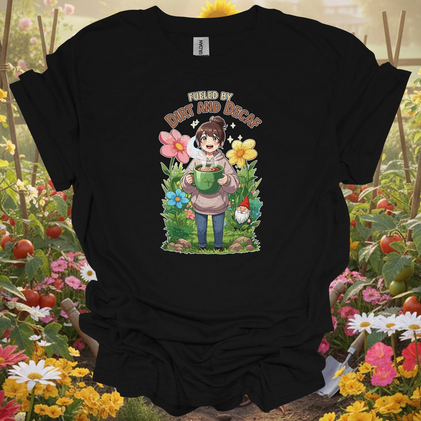 Black shirt showing anime fueled by dirt and decaf cute for cheerful growers