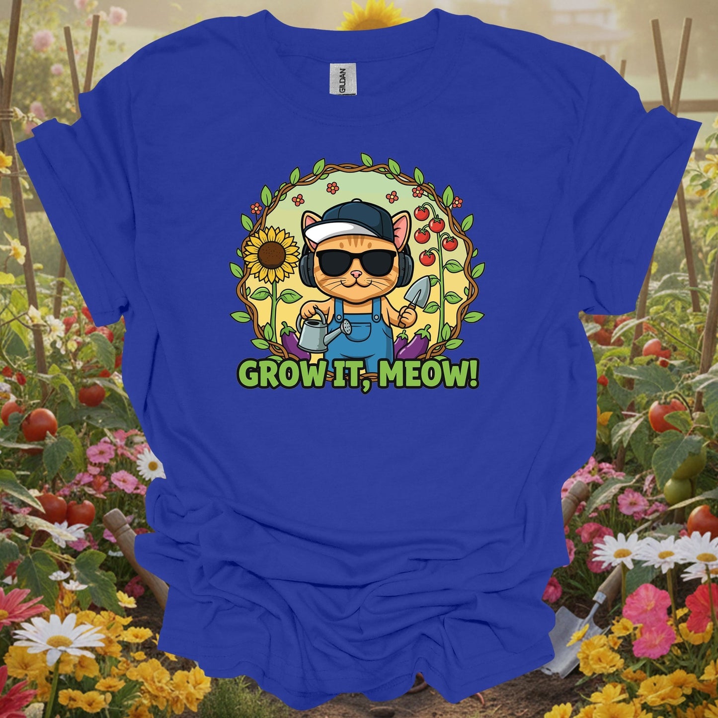Royal tshirt showing funny cat gardener grow it meow t shirt for gardeners who laugh