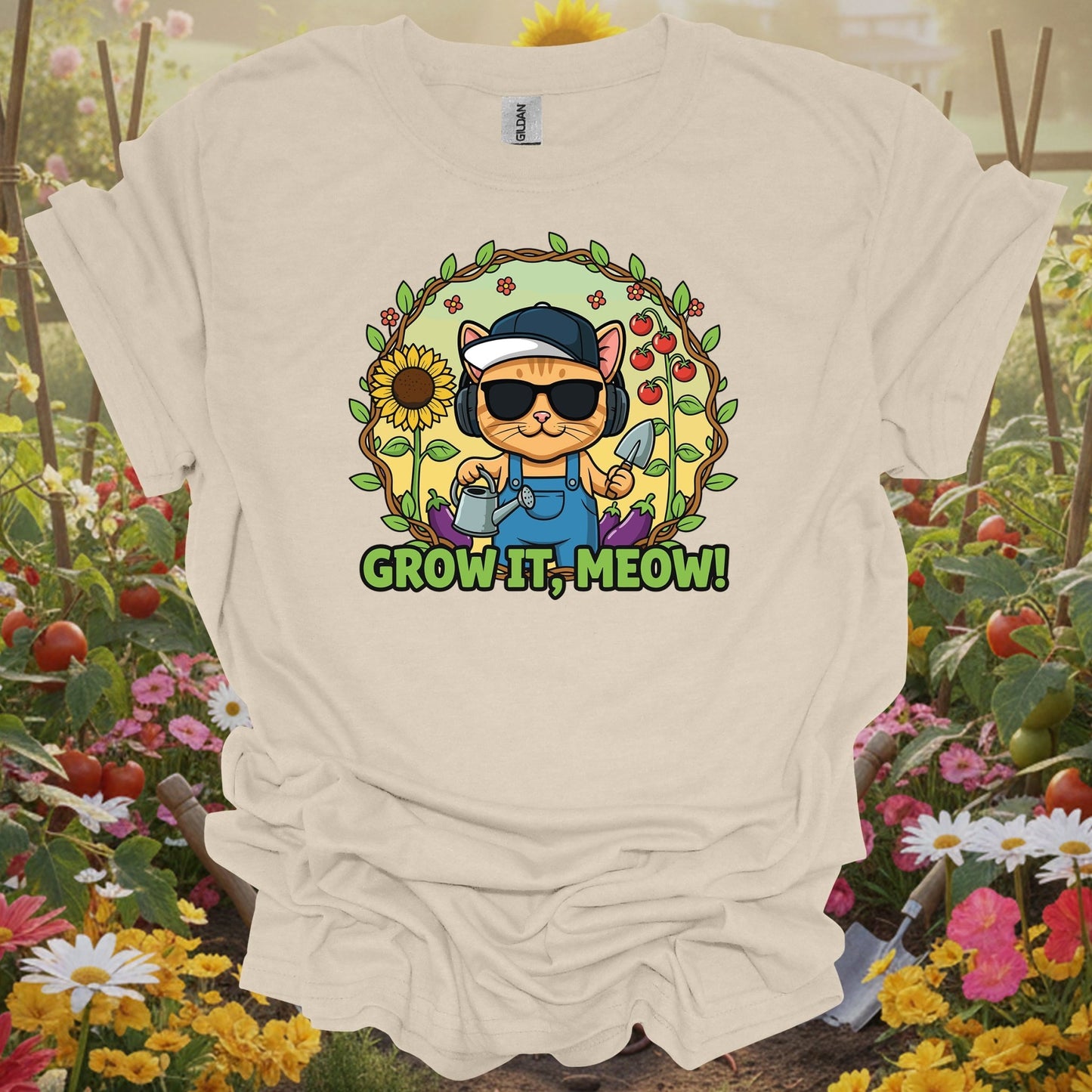 Natural tshirt showing funny cat gardener grow it meow t shirt for people who find garden humor