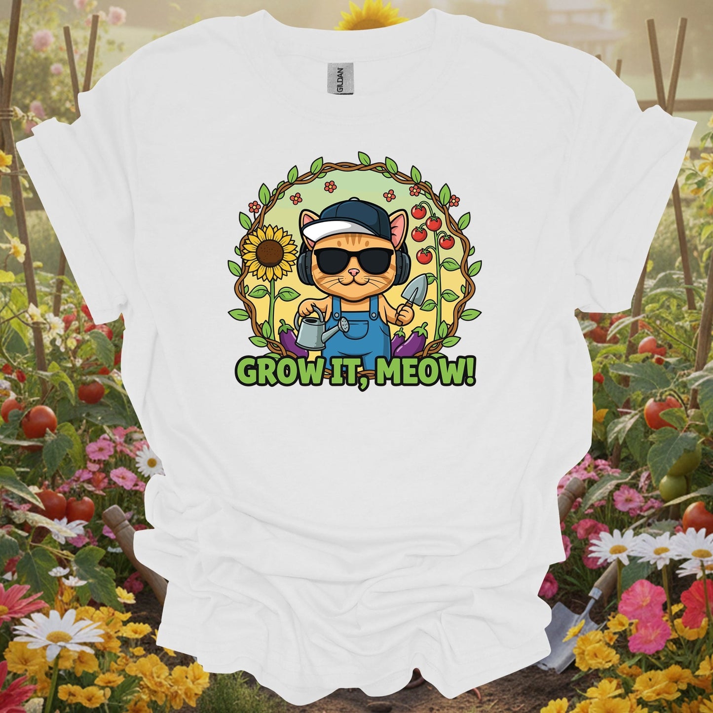 White shirt showing funny cat gardener grow it meow t shirt for folks who joke about gardening