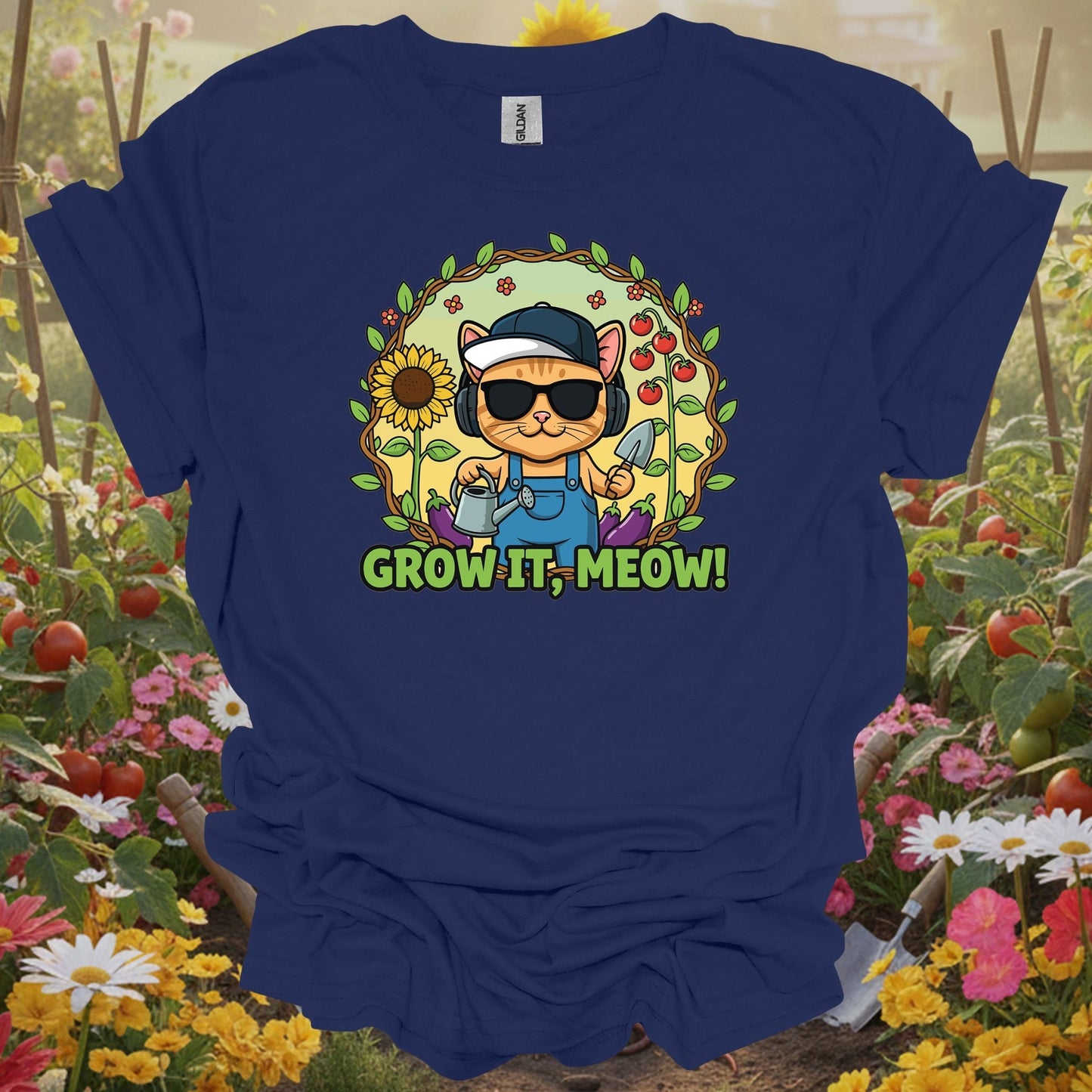 Navy  top showing funny cat gardener grow it meow t shirt for fun-loving growers
