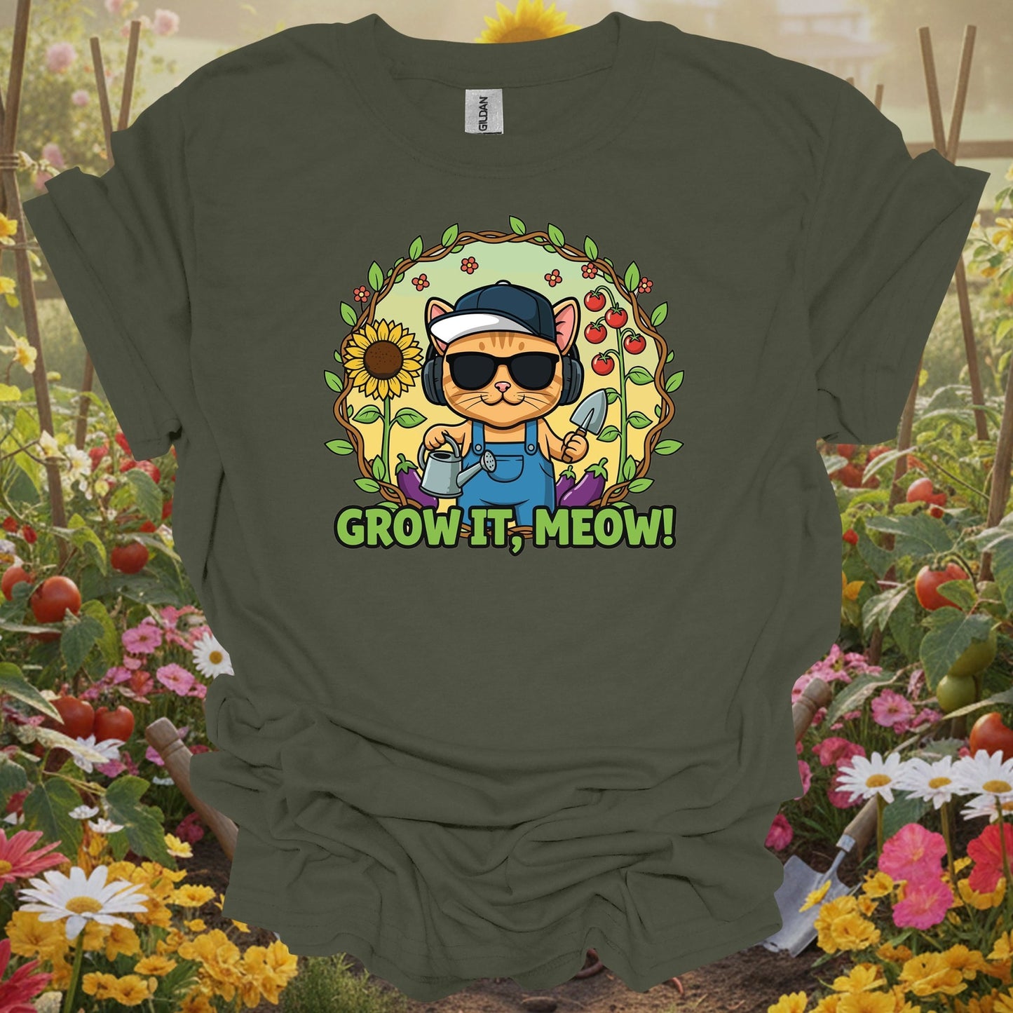 Military green tshirt showing funny cat gardener grow it meow t shirt for gardeners with humor