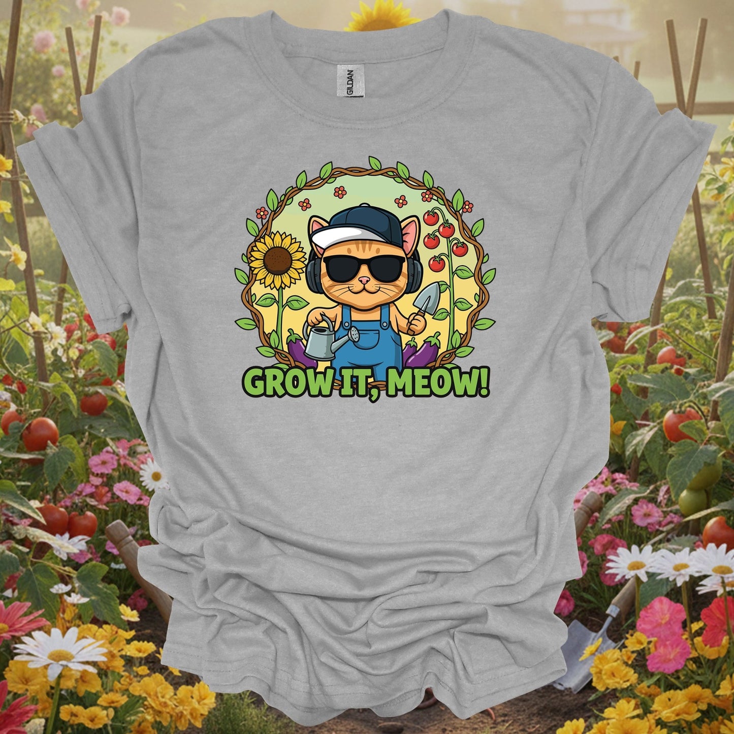 Sport gray tee showing funny cat gardener grow it meow t shirt for lighthearted plant parents