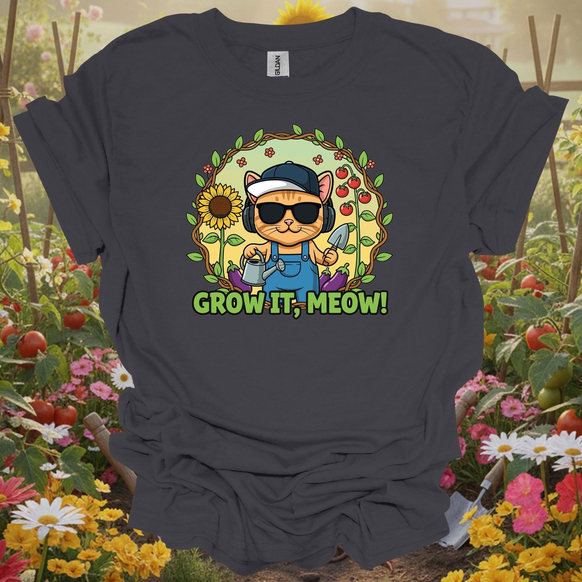 Charcoal tee showing funny cat gardener grow it meow t shirt for folks who love garden puns