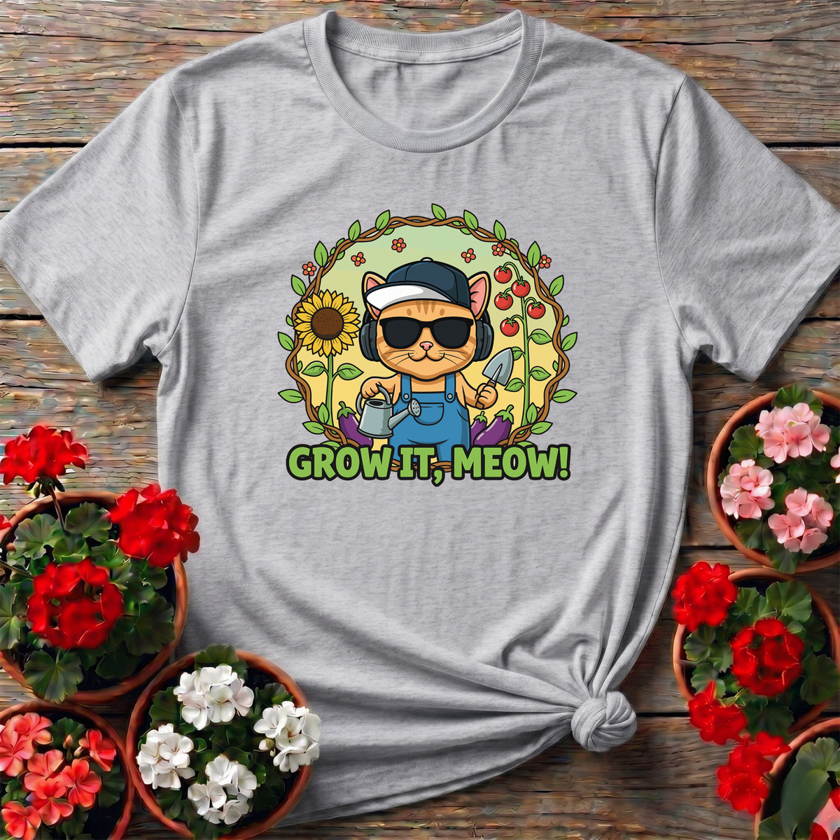 Funny Cat Gardener Grow It Meow T shirt - GardeningTshirts