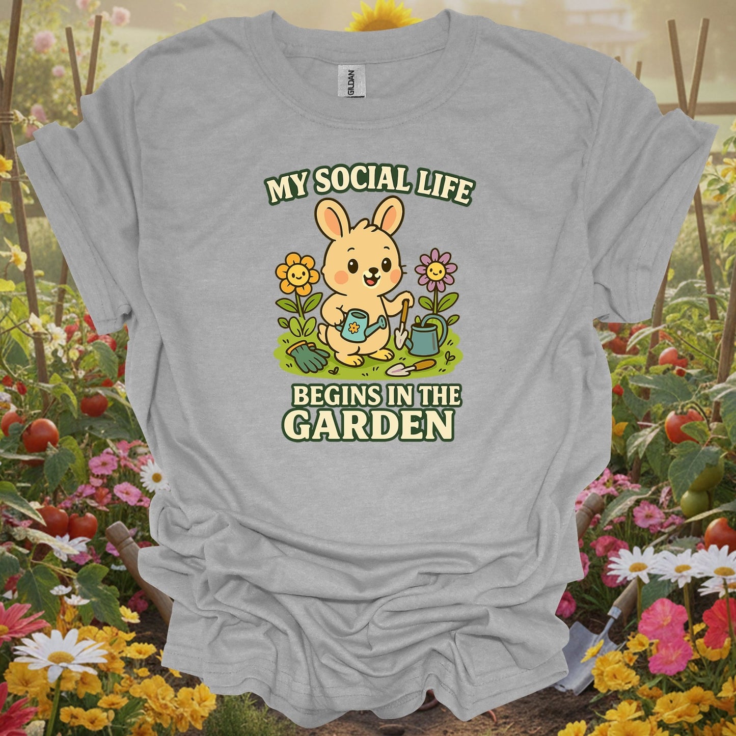 Sport Grey tshirt showing my social life begins in the garden funny rabbit for backyard growers