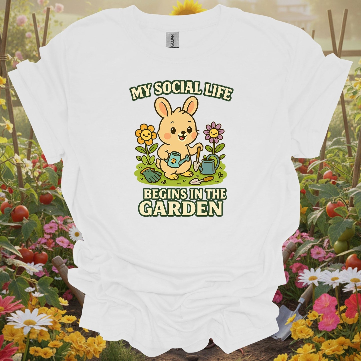White tee showing my social life begins in the garden funny rabbit for garden hobbyists