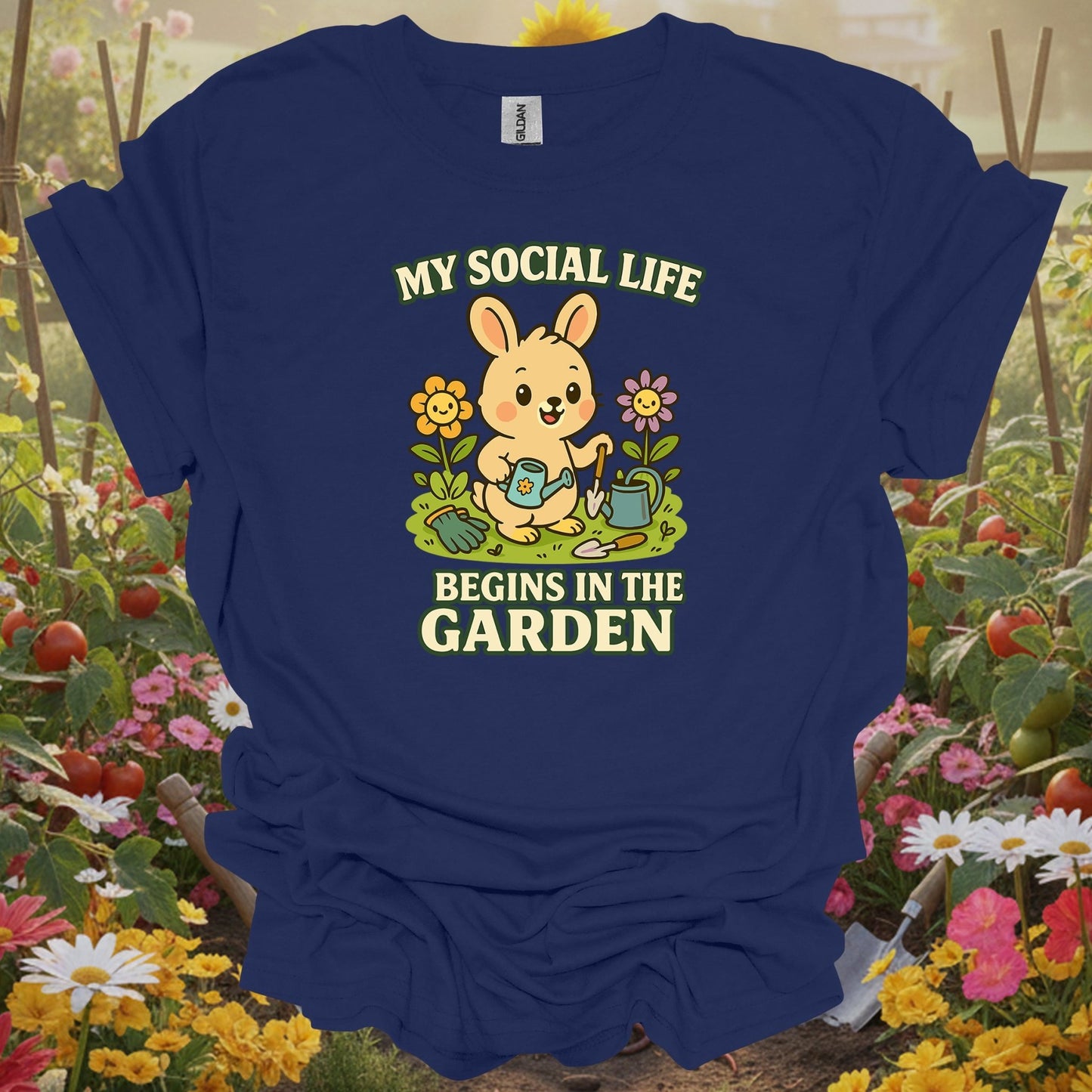 Navy shirt showing my social life begins in the garden funny rabbit for home gardeners