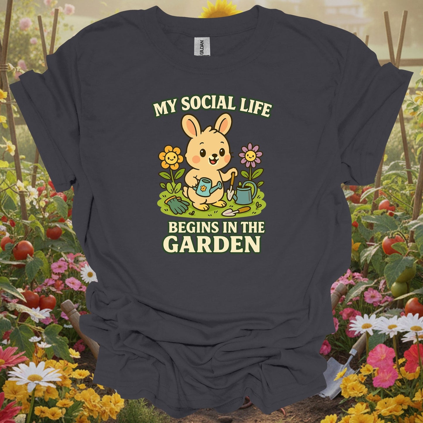 Charcoal tshirt showing my social life begins in the garden funny rabbit for gardening enthusiasts