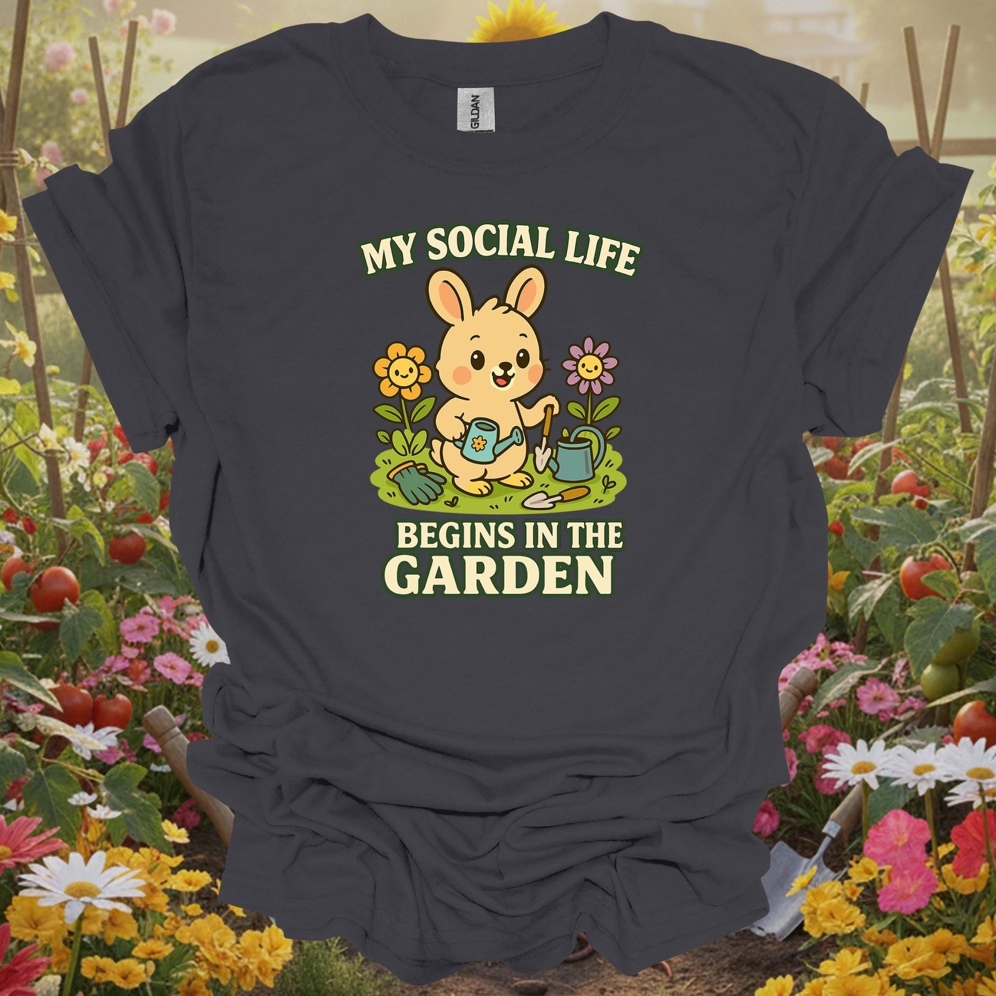 Charcoal tshirt showing my social life begins in the garden funny rabbit for gardening enthusiasts