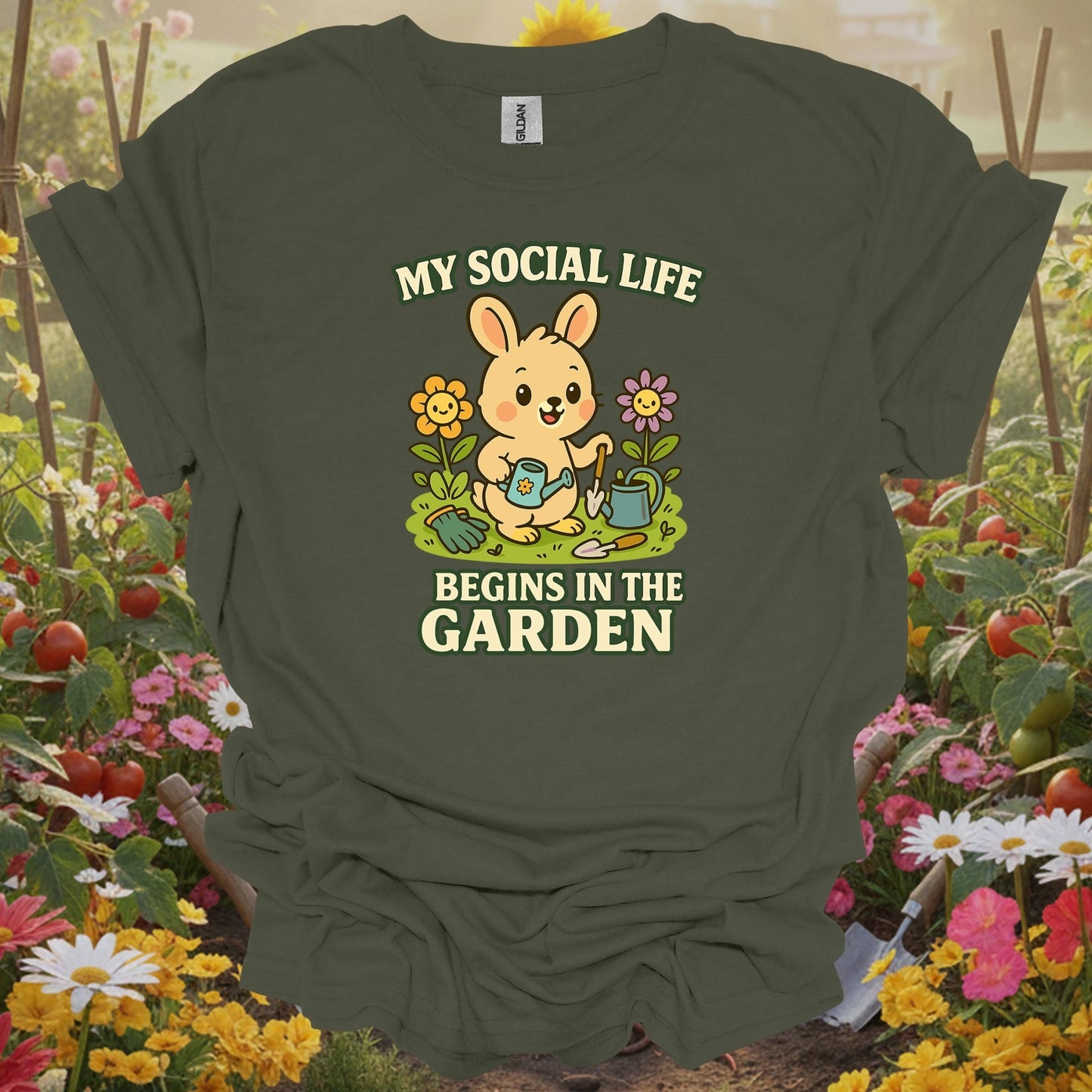 Military Green top showing my social life begins in the garden funny rabbit for nature lovers