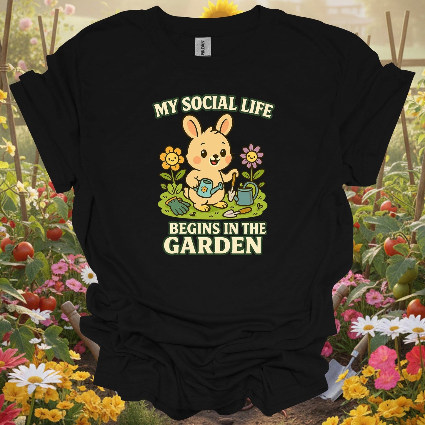 Black shirt showing my social life begins in the garden funny rabbit for outdoor enthusiasts